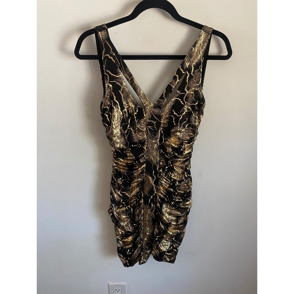 Va Va Voom Black Gold Metallic Ruched Bodycon Mini Dress D-3012 Women M USA